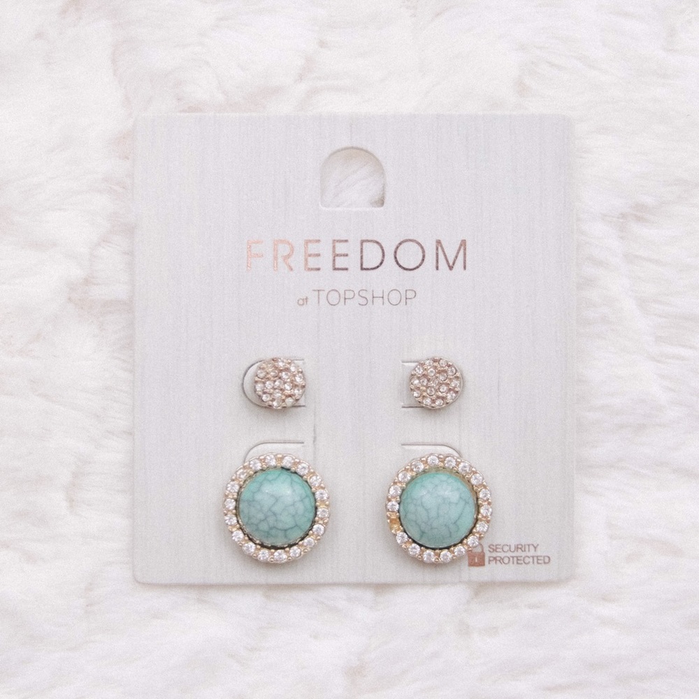 Topshop Gold Rhinestone & Turquoise Earrings Set